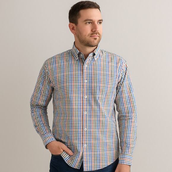Peter Millar SZ L 100% Cotton Blue Orange Green White Check Button Down Shirt - Picture 1 of 7